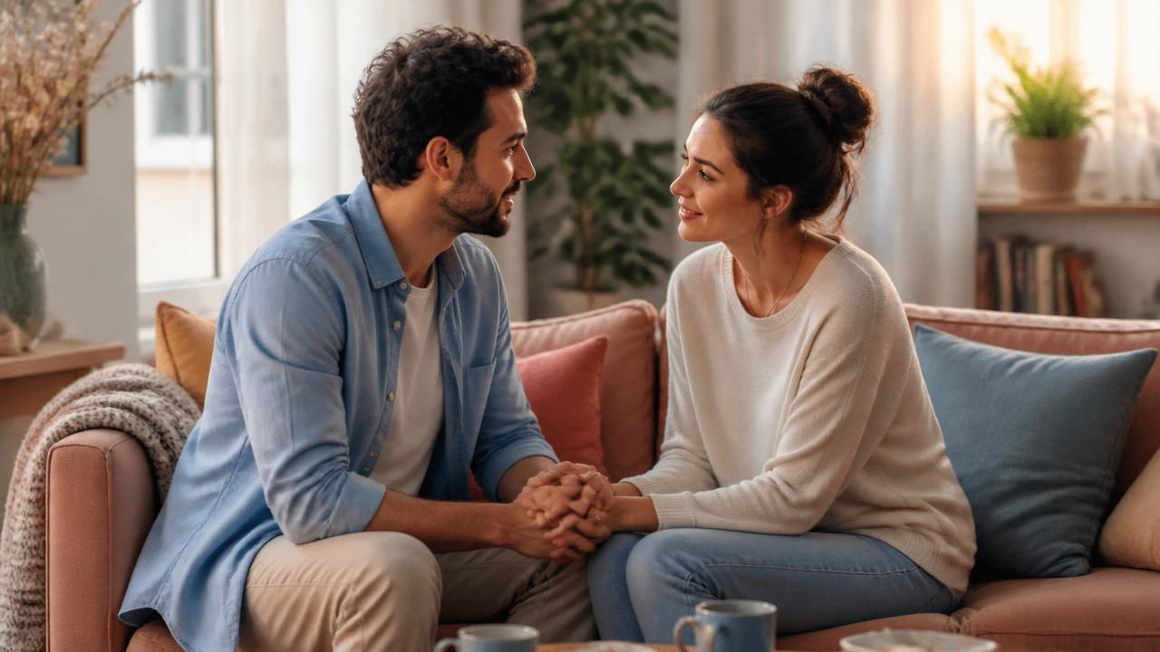 A couple holding hands and sharing a warm, connected moment on a cozy sofa